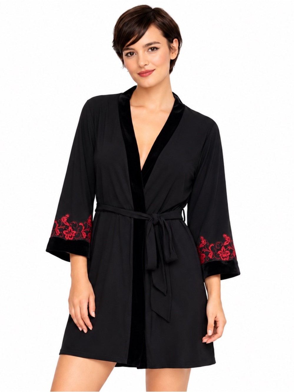 In Bloom Black Kimono Robe Red Floral Embroidery Velvet Trim L